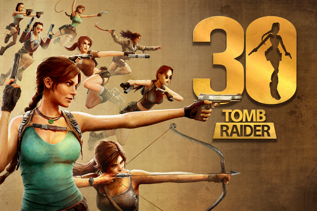 Official Tomb Raider 30th anniversary artwork showing Lara Croft across several generations of games