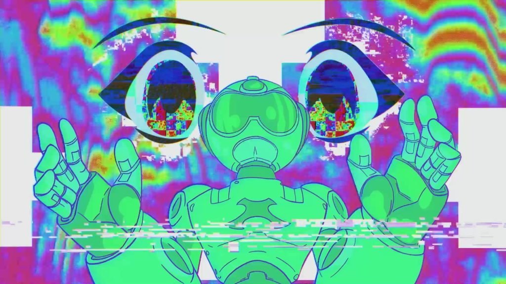 Toonami robot host TOM against a psychedelic animated background